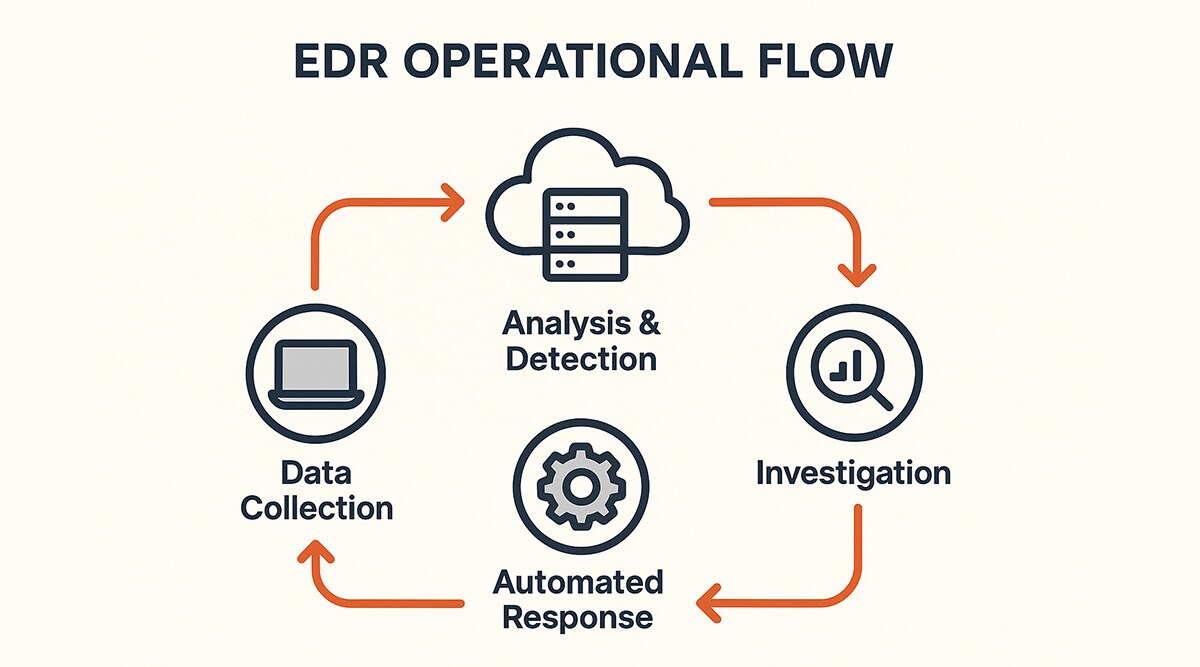 A digital infographic titled "EDR Operational Flow" that illustrates the four key stages of an Endpoint Detection and Response (EDR) system. The stages—Data Collection, Analysis & Detection, Investigation, and Automated Response—are each represented by a circular icon with a label beneath. The icons are arranged in a circular flow and connected by burnt orange arrows, demonstrating the continuous lifecycle of EDR operations. The design features a clean, modern aesthetic with a light background and navy blue text for high readability.