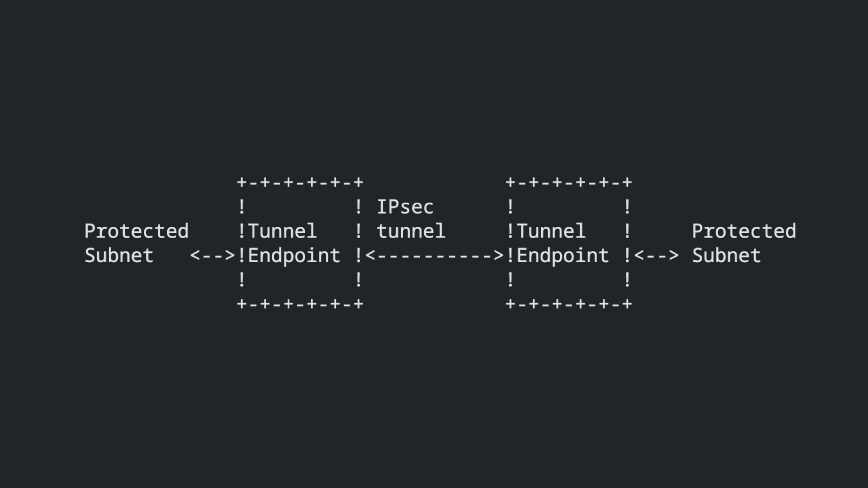 ASCII art of an IPsec tunnel with two endpoints connecting protected subnets. ASCII art of an IPsec tunnel with two endpoints connecting protected subnets.