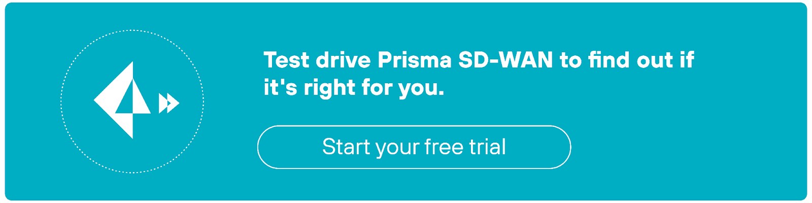 The CTA button is rectangular with a teal background. On the left side, there is a white icon featuring a stylized paper airplane within a dotted circle. The text to the right reads, 'Test drive Prisma SD-WAN to find out if it's right for you.'' Below this text is a white button with rounded edges containing the words, 'Start your free trial.'