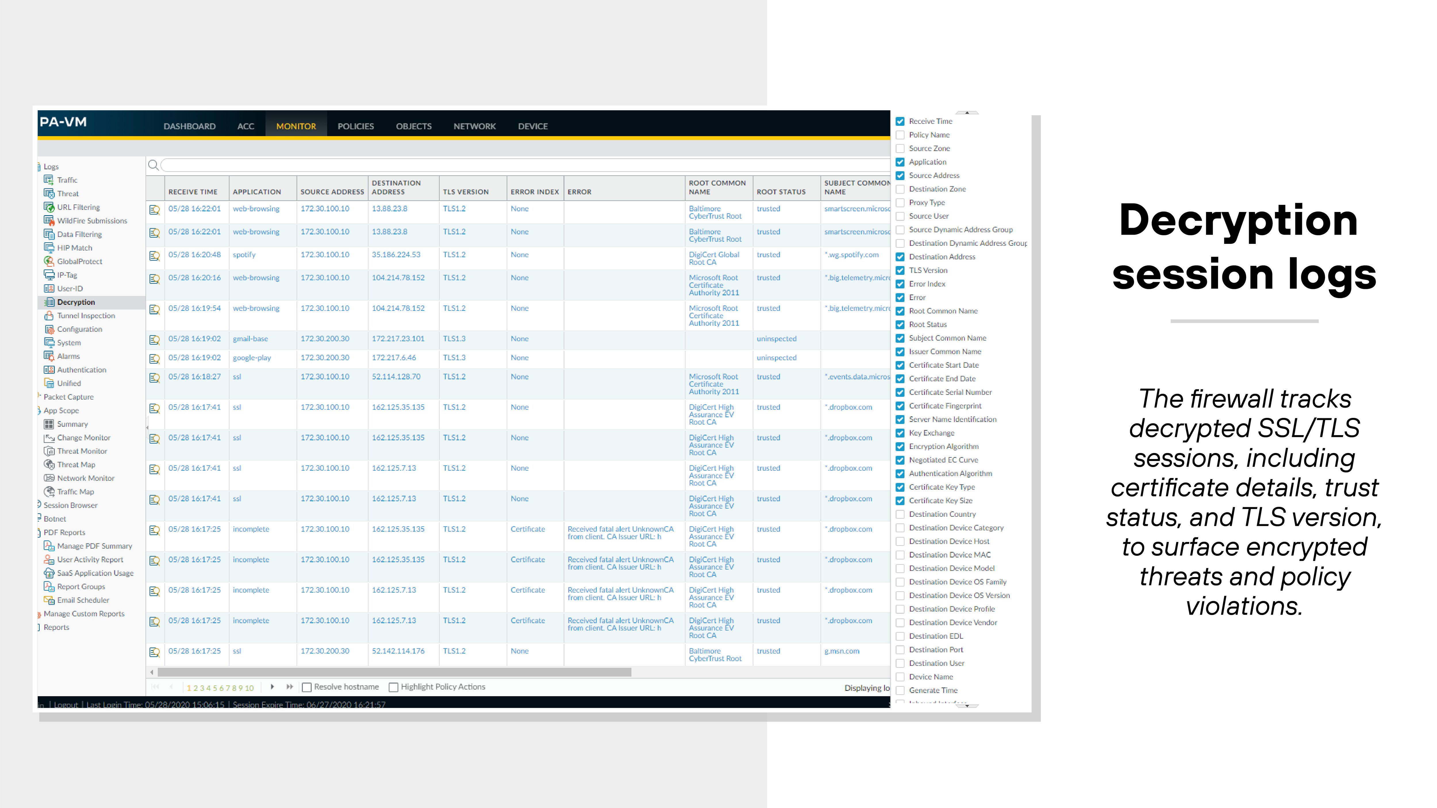 The image shows a screenshot of the PAN-OS user interface from a PA-VM device focused on decryption session logs. The main panel displays a table listing SSL/TLS session entries with columns labeled such as 'Decryption Type,' 'Time,' 'Source Address,' 'Destination Address,' 'Application,' 'TLS Version,' 'Decryption Policy Name,' 'Action,' and 'Error.' Each row contains log entries with source and destination IP addresses, associated applications like 'google-base' and 'paloalto-updates,' TLS versions such as 1.2 or 1.3, and specific decryption policies and actions applied. The left navigation menu displays various log categories under the 'Monitor' tab, while the right side of the image includes a caption stating that the firewall tracks decrypted SSL/TLS sessions, including certificate details, trust status, and TLS version, to surface encrypted threats and policy violations. The image shows a screenshot of the PAN-OS user interface from a PA-VM device focused on decryption session logs. The main panel displays a table listing SSL/TLS session entries with columns labeled such as 'Decryption Type,' 'Time,' 'Source Address,' 'Destination Address,' 'Application,' 'TLS Version,' 'Decryption Policy Name,' 'Action,' and 'Error.' Each row contains log entries with source and destination IP addresses, associated applications like 'google-base' and 'paloalto-updates,' TLS versions such as 1.2 or 1.3, and specific decryption policies and actions applied. The left navigation menu displays various log categories under the 'Monitor' tab, while the right side of the image includes a caption stating that the firewall tracks decrypted SSL/TLS sessions, including certificate details, trust status, and TLS version, to surface encrypted threats and policy violations.
