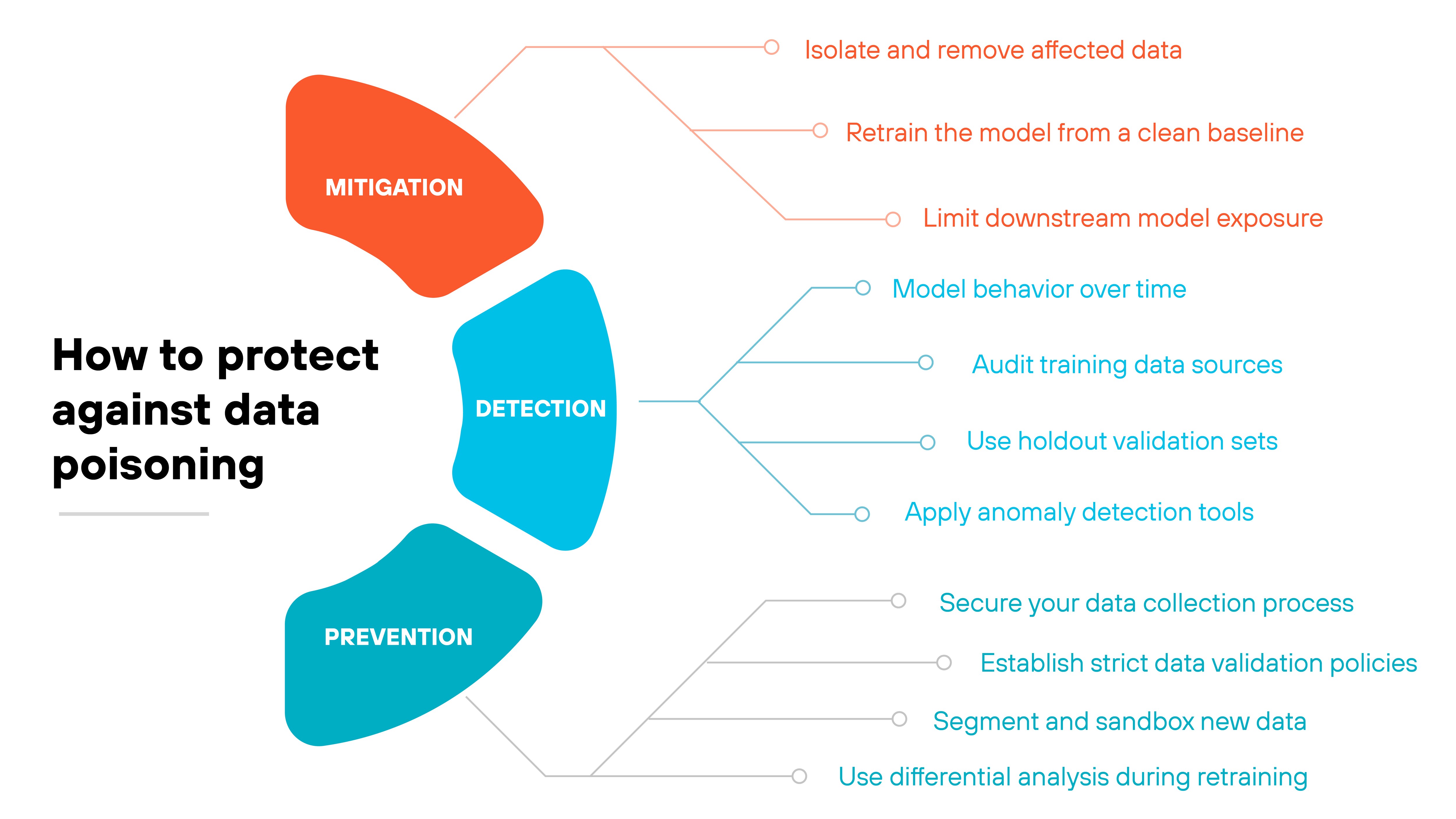 An infographic titled 'How to protect against data poisoning' displays three colored vertical segments labeled 'Mitigation' in red, 'Detection' in blue, and 'Prevention' in teal. Each segment has corresponding protection strategies branching out to the right. Under 'Mitigation': 'Isolate and remove affected data,' 'Retrain the model from a clean baseline,' and 'Limit downstream model exposure.' Under 'Detection': 'Model behavior over time,' 'Audit training data sources,' 'Use holdout validation sets,' and 'Apply anomaly detection tools.' Under 'Prevention': 'Secure your data collection process,' 'Establish strict data validation policies,' 'Segment and sandbox new data,' and 'Use differential analysis during retraining.' All elements are arranged in a clean, symmetrical layout with curved lines connecting each tactic to its category.