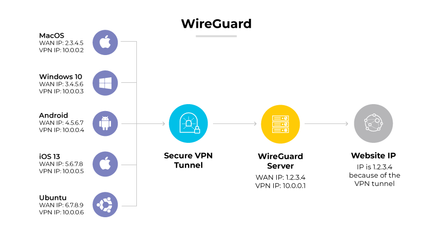 Various devices connected to a WireGuard VPN server, leading to a website IP through a secure tunnel.